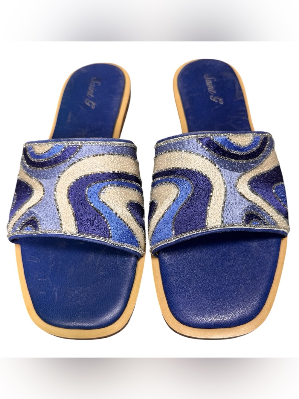 Saint G Giorgia Blue Embroidered Beaded Leather Slide Sandals 39 US 9